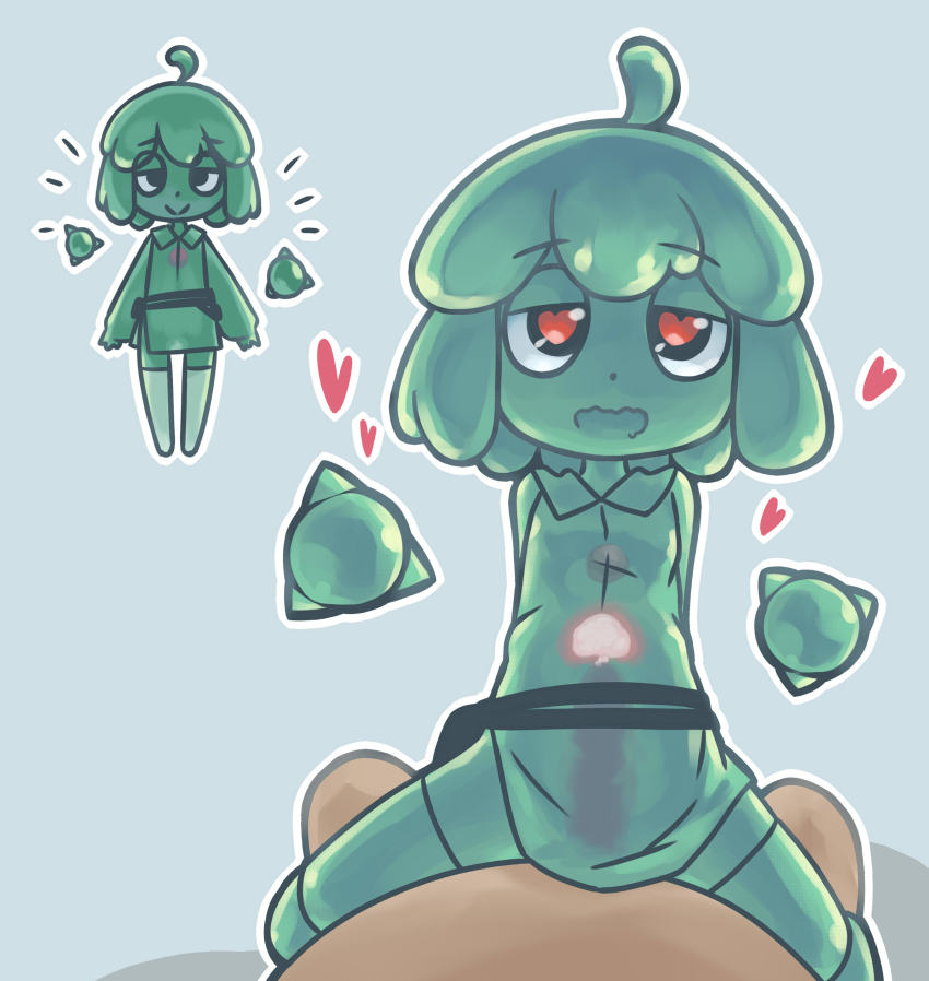 1boy 1girl absurdres blouse borrowed_character clothed_sex colored_skin core cowgirl_position cross-section cum cum_in_pussy ejaculation embarrassed faceless faceless_male flat_chest green_hair green_shirt green_skin green_thighhighs heart heart-shaped_pupils hetero highres internal_cumshot blue_background monster_girl multiple_views no_panties original penis porforever qswan sex shirt simple_background slime_girl slime_girl_(porforever) straddling symbol-shaped_pupils thighhighs zettai_ryouiki