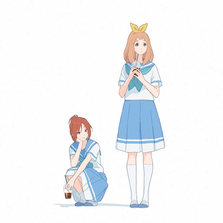 2girls blonde_hair blue_neckerchief blue_sailor_collar blue_serafuku blue_skirt brown_hair closed_mouth commentary_request cup disposable_cup drinking_straw full_body green_eyes hair_ribbon hibike!_euphonium highres holding holding_cup kitauji_high_school_uniform lizybrush looking_at_another medium_hair multiple_girls nakagawa_natsuki neckerchief pleated_skirt purple_eyes ribbon sailor_collar school_uniform serafuku short_sleeves simple_background skirt socks squatting standing white_background white_socks yellow_ribbon yoshikawa_yuuko