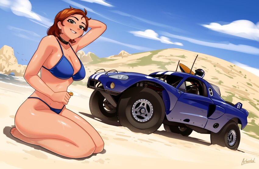 1girl absurdres arhentol artist_name barefoot beach bikini black_choker blue_bikini blue_car blush breasts brown_eyes brown_hair car choker cloud collarbone dodge_(company) dodge_viper hair_behind_ear highres hill looking_at_viewer medium_breasts mole mole_on_breast mole_on_stomach motor_vehicle original outdoors parted_lips race_vehicle racecar radio_antenna raelyn_cunningham_(arhentol) rally_car seiza shadow short_hair sitting sky smile swimsuit vehicle_focus water