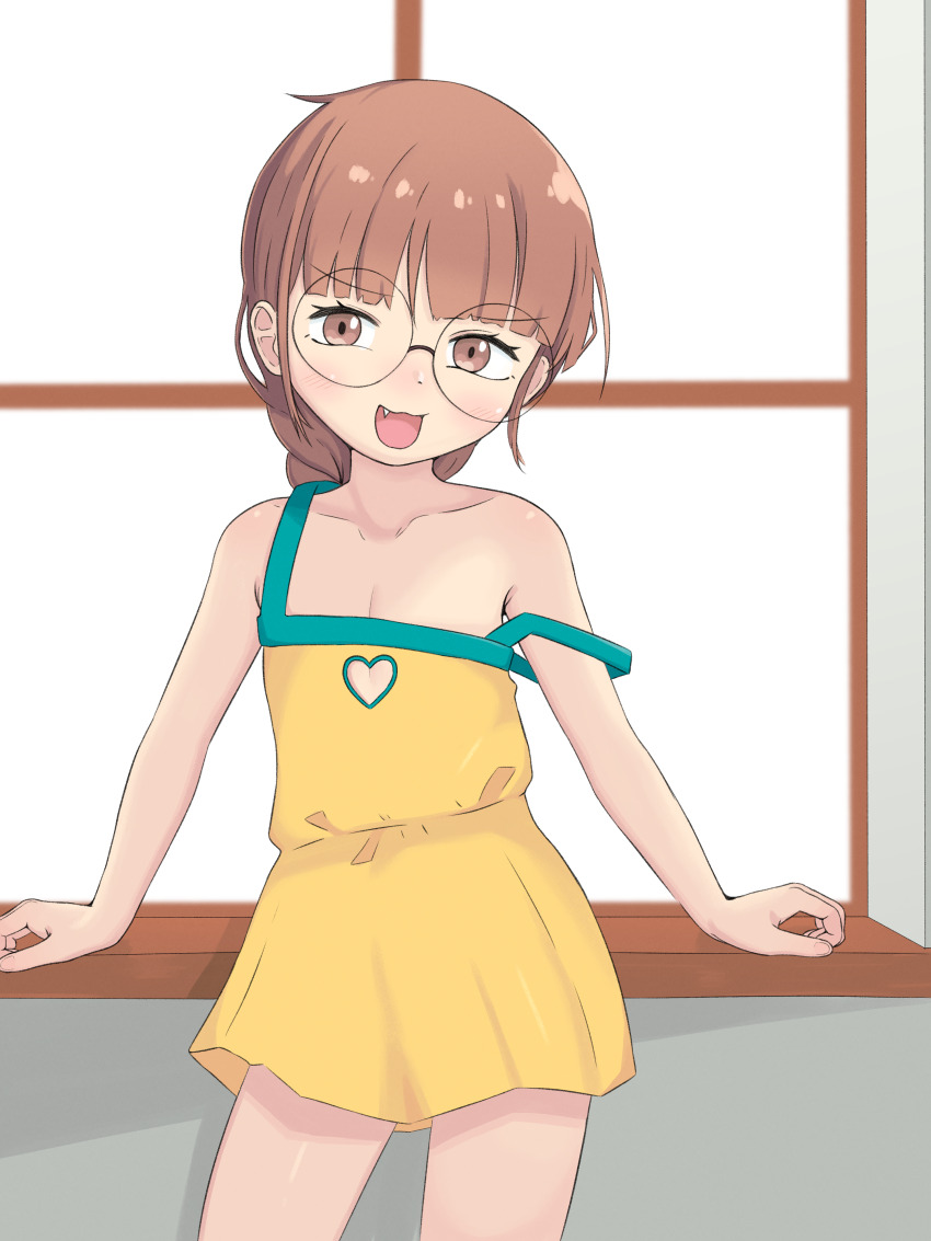 1girl :d absurdres arm_support blush borrowed_character brown_eyes brown_hair collarbone commentary cowboy_shot dress english_commentary fang heart_keyhole_dress highres looking_at_viewer mesugaki mesugaki_(orenji) nico_kobayashi open_mouth original raised_eyebrow round_eyewear smile solo standing strap_slip thighs variant_set window yellow_dress
