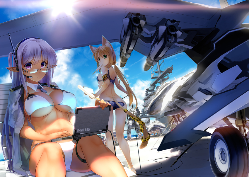 2girls aircraft aircraft_carrier airplane animal_ears aqua_eyes bare_shoulders barefoot bikini blonde_hair breasts cloud computer dark-skinned_female dark_skin day elf female_focus glasses green_eyes headphones jet kiryuu_takahisa laptop large_breasts light_purple_hair light_rays long_hair looking_at_viewer looking_back mecha microphone midriff military military_vehicle multiple_girls navel original pink_eyes pointy_ears purple_eyes robot rocket ship side_ponytail sitting sky standing sunbeam sunlight swimsuit tail uniform warship watercraft