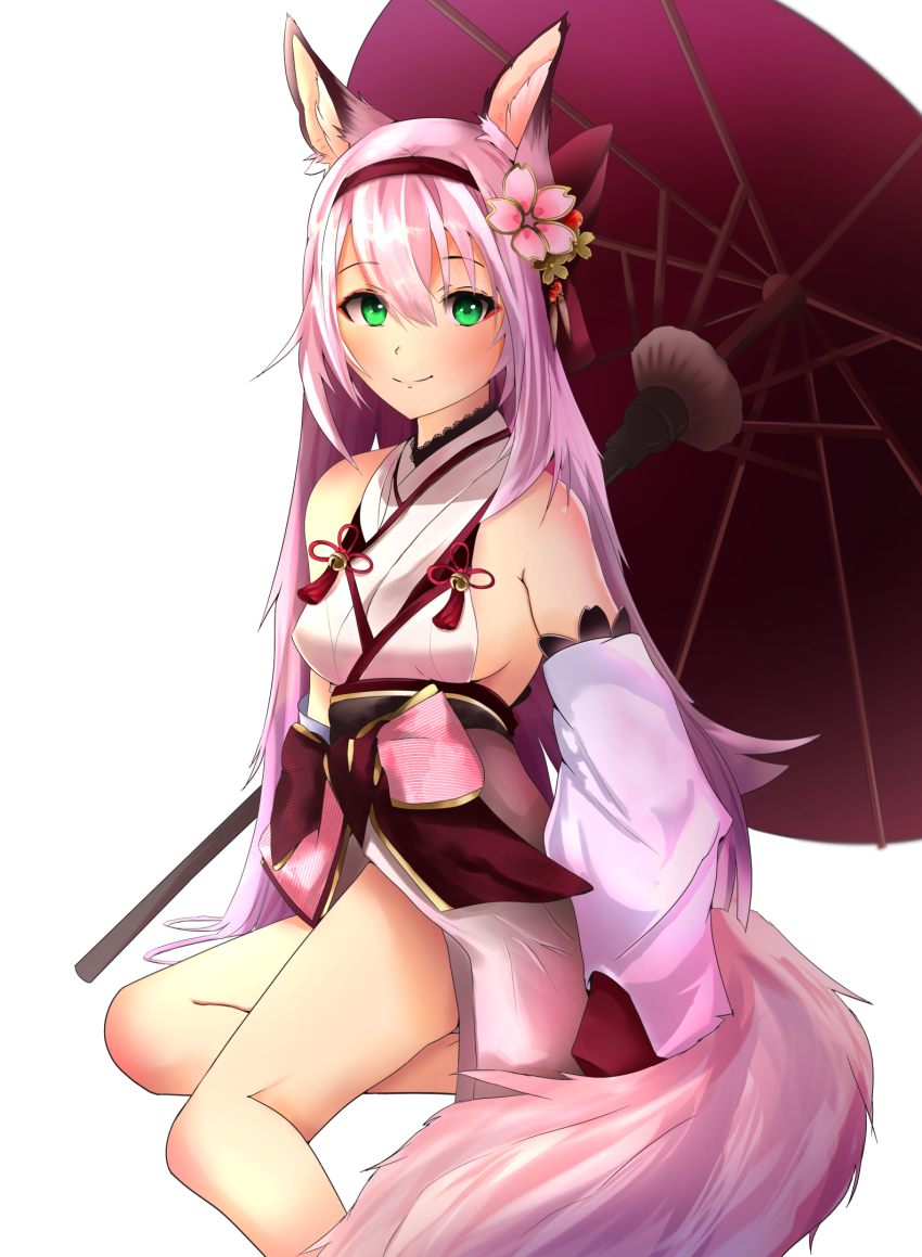 1girl animal_ears azur_lane bare_shoulders beefusteku blush breasts closed_mouth feet_out_of_frame flower fox_ears fox_tail green_eyes hair_flower hair_ornament hairband hanazuki_(azur_lane) highres japanese_clothes kimono legs long_hair looking_at_viewer medium_breasts oil-paper_umbrella on_floor pink_hair red_hairband sideboob smile solo tail thighs umbrella white_background