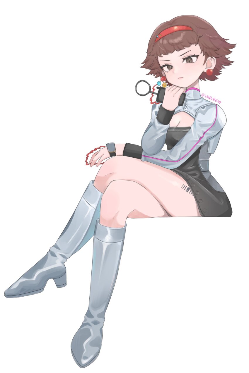 &gt;:( 1girl black_dress boots breasts brown_eyes brown_hair choko_(1839) cleavage cleavage_cutout clothing_cutout commentary crossed_legs device dress earrings full_body grey_boots grey_sleeves hairband hand_up highres holding invisible_chair jewelry knee_boots leg_tattoo long_sleeves looking_at_viewer mesmer_jr. red_hairband reverse:1999 short_dress short_hair sitting solo tattoo twitter_username v-shaped_eyebrows white_background