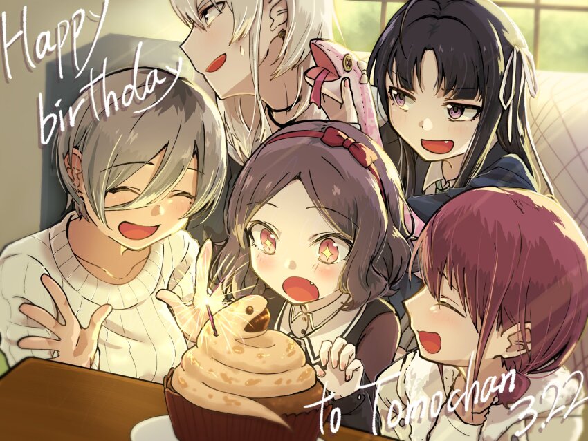 5girls ahoge awa_subaru ayataka_syumimi black_hair black_jacket blush brown_hair cake closed_eyes collarbone commentary ebizuka_tomo fang food girls_band_cry grey_eyes grey_hair hair_between_eyes hands_up happy_birthday highres iseri_nina jacket kawaragi_momoka long_hair long_hair_between_eyes long_sleeves low_twintails mole mole_under_eye multicolored_hair multiple_girls open_mouth parted_bangs purple_eyes red_eyes ribbon ribbon_hair roots_(hair) rupa_(girls_band_cry) shirt short_hair short_twintails sidelocks star-shaped_pupils star_(symbol) stuffed_snake sweatdrop sweater symbol-shaped_pupils togenashi_togeari twintails white_ribbon white_shirt white_sweater