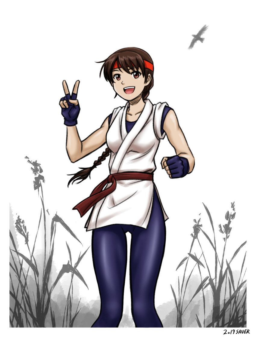 1girl braid braided_ponytail brown_eyes brown_hair dougi female_focus gloves hands_up highres karate_gi leggings long_hair looking_at_viewer outdoors pale_skin pants ponytail savaster smile smiley_face standing the_king_of_fighters yoga_pants yuri_sakazaki