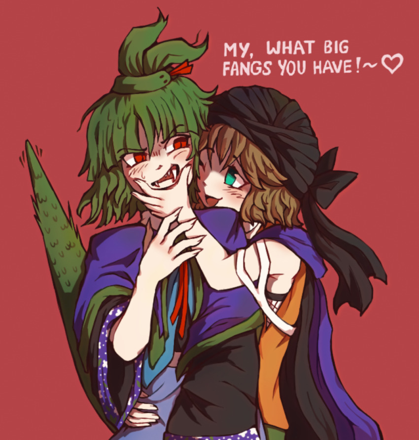 2others adagumo_no_saragimaru androgynous black_turban brown_hair capelet cine_hamal commentary english_text fangs green_eyes green_hair green_trim gzpxllztt kuzu_suzumi len&#039;en medium_hair multiple_others one_eye_closed open_mouth orange_shirt other_focus purple_capelet red_background red_eyes shirt simple_background sleeveless sleeveless_shirt smile snake_tail split_ponytail sweat symbol-only_commentary tail turban wide_sleeves