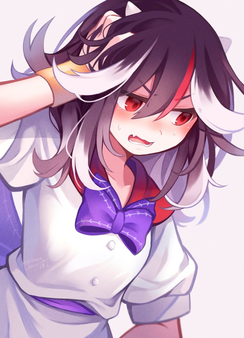 1girl black_hair blush bow bowtie chikuwa_savy commentary_request cone_horns dress embarrassed grey_hair grey_horns hand_on_own_head highres horns kijin_seija multicolored_hair purple_bow purple_bowtie red_eyes red_hair short_sleeves small_horns solo streaked_hair sweat touhou white_dress