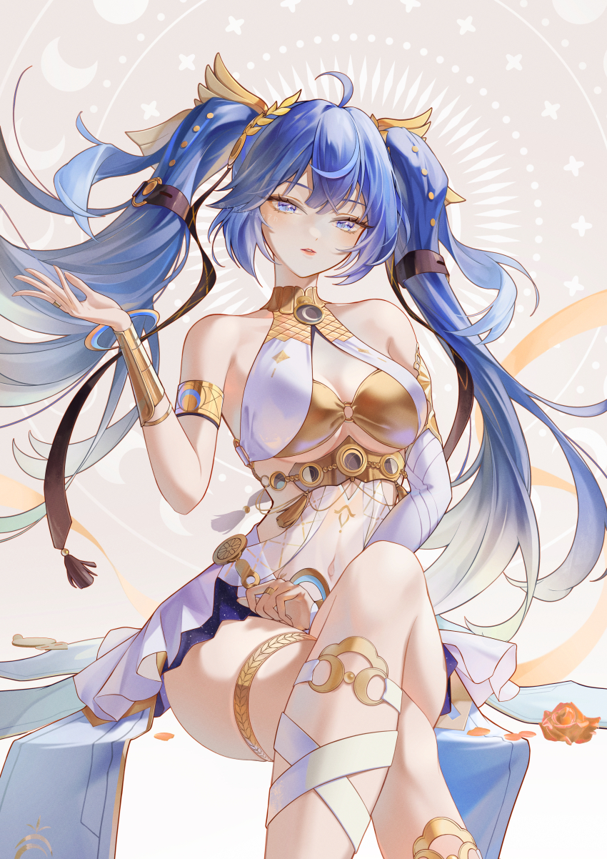 1girl absurdres ahoge ancient_greek_clothes armlet bare_shoulders blue_eyes blue_hair breasts chigusa7h cleavage crossed_legs feet_out_of_frame gold_bra greco-roman_clothes hair_belt hand_up head_wreath highres iuno_(wuthering_waves) jewelry long_hair looking_at_viewer medium_breasts miniskirt navel parted_lips purple_skirt sitting skirt solo thighlet thighs twintails underboob very_long_hair wuthering_waves