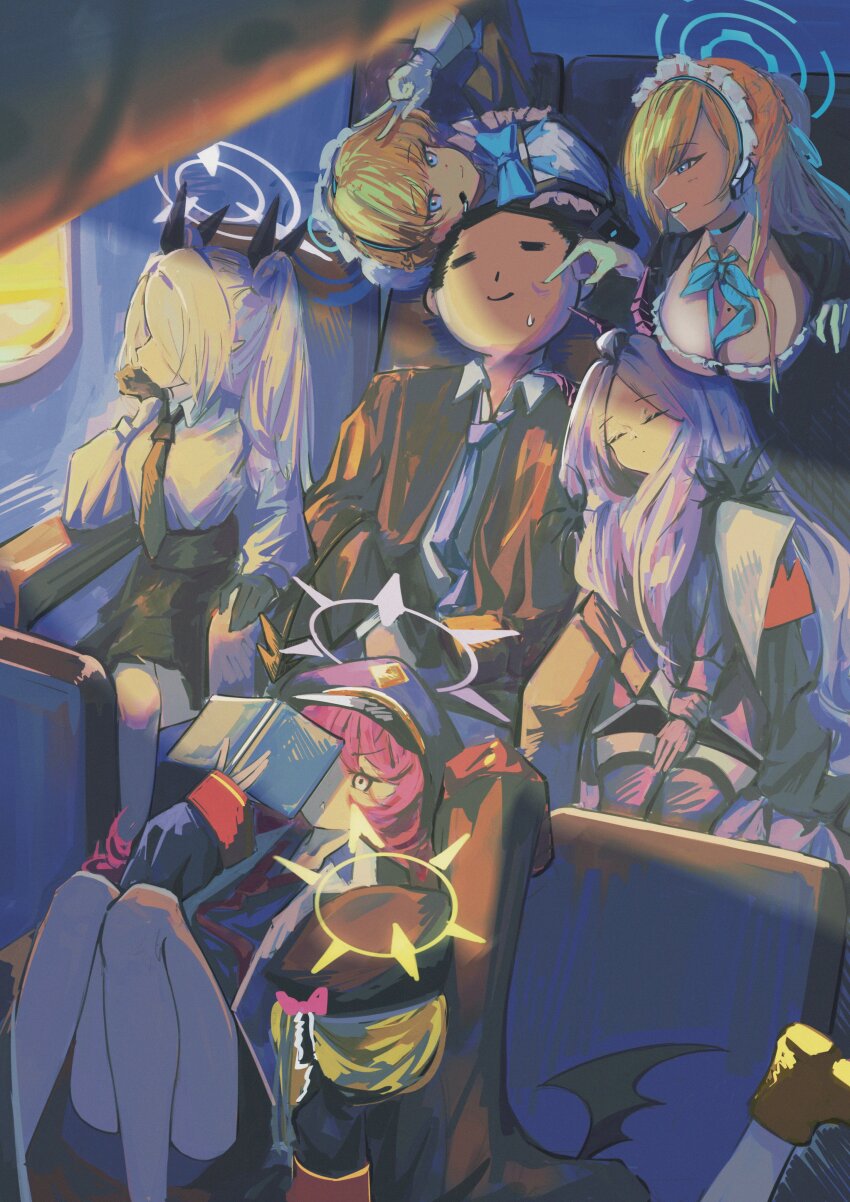 1boy 6+girls absurdres aircraft airplane airplane_interior asuna_(blue_archive) blue_archive breasts cleavage doodle_sensei_(blue_archive) gloves halo highres hina_(blue_archive) ibuki_(blue_archive) iori_(blue_archive) iroha_(blue_archive) lazypen mole multiple_girls reading sensei_(blue_archive) sleeping toki_(blue_archive)