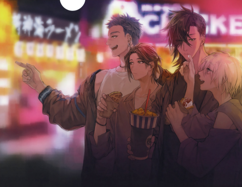 absurdres black_coat black_hair blonde_hair blue_hair brown_hair coat earrings food highres jewelry multiple_boys nitro+_chiral non-web_source official_art scan slow_damage slushie tank_top waffle yaoi