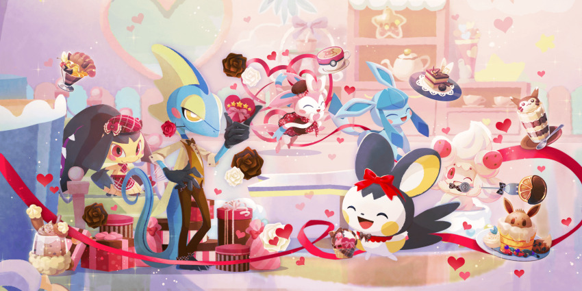 alcremie alcremie_(berry_sweet) alcremie_(vanilla_cream) artist_request basket blush blush_stickers bow bowtie box brown_flower character-themed_food closed_eyes closed_mouth clothed_pokemon creatures_(company) cup eevee emolga emolga_(charming_ribbon) flower flower_in_mouth food fork formal_clothes fruit game_freak gen_1_pokemon gen_3_pokemon gen_4_pokemon gen_5_pokemon gen_6_pokemon gen_8_pokemon gift gift_box glaceon hat heart highres holding holding_basket holding_fork indoors inteleon inteleon_(suave_server) mawile mawile_(confectioner) nintendo no_humans official_art one_eye_closed open_mouth orange_(fruit) orange_slice plaid_hat pokemon pokemon_(creature) pokemon_cafe_remix pokemon_focus red_bow red_eyes red_flower red_hat red_ribbon red_rose ribbon rose smile sparkle spoon star_(symbol) suit sylveon sylveon_(confectioner) teapot third-party_source white_flower yellow_eyes