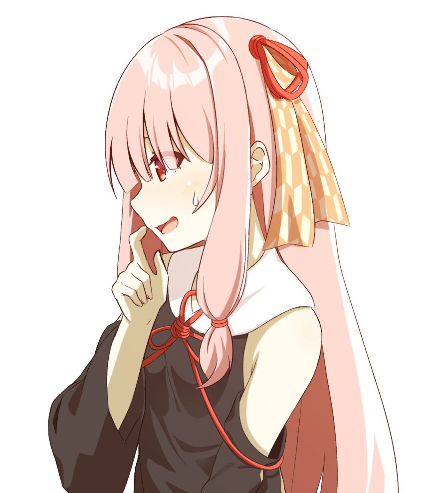 1girl bare_shoulders black_dress blunt_bangs blush chaakusu collar collared_dress commentary_request contrast_collar detached_sleeves dress finger_to_mouth hair_ribbon highres kotonoha_akane long_hair low-tied_sidelocks open_mouth print_ribbon profile red_eyes red_hair red_ribbon ribbon sailor_collar sailor_dress sidelocks simple_background sleeveless sleeveless_dress smile solo sweat sweatdrop upper_body voiceroid white_background white_sailor_collar wide_sleeves