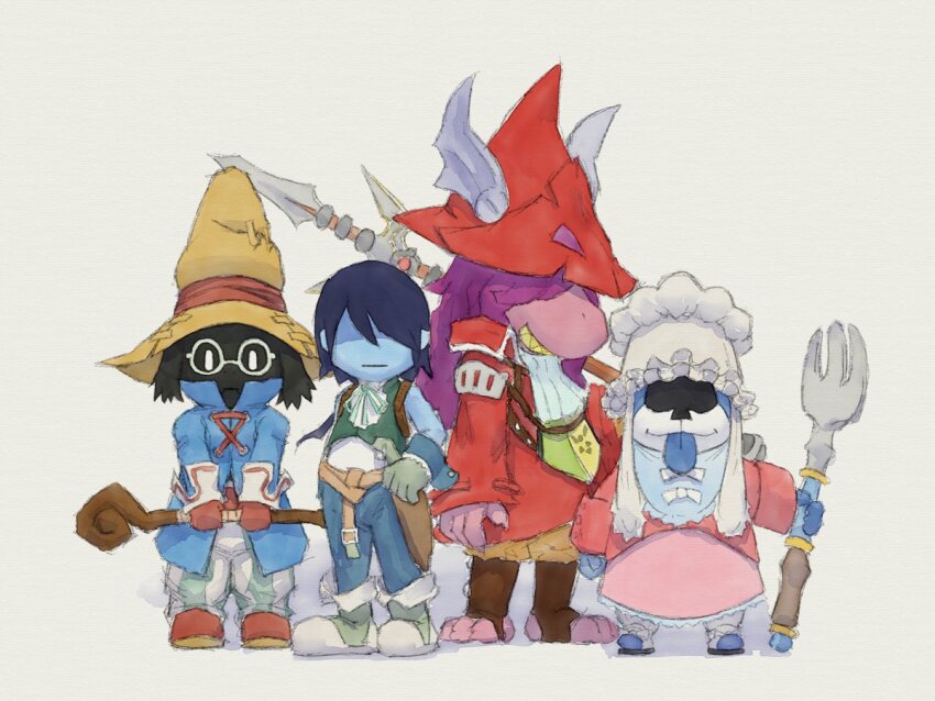 1girl 1other 2boys animal_ears apluss ascot belt bib blue_coat blue_hair blue_pants blue_skin brown_footwear brown_gloves chef_hat clawed_feet claws cloak coat colored_skin commentary_request cosplay covered_eyes crossover deltarune dress face_in_shadow final_fantasy final_fantasy_ix fork freija_crescent freija_crescent_(cosplay) glasses gloves green_footwear grey_background hat holding holding_fork holding_polearm holding_staff holding_weapon knife knife_sheath kris_(deltarune) lancer_(deltarune) long_hair looking_at_viewer multicolored_skin multiple_boys pants pantyhose pink_dress polearm purple_hair quina_quen quina_quen_(cosplay) ralsei red_cloak reptile_girl sharp_teeth sheath smile solid_oval_eyes spade_(shape) staff striped_clothes striped_pantyhose susie_(deltarune) teeth tongue tongue_out tricorne two-tone_skin vertical-striped_clothes vertical-striped_pantyhose vest vivi_ornitier vivi_ornitier_(cosplay) weapon winged_headwear zidane_tribal zidane_tribal_(cosplay)