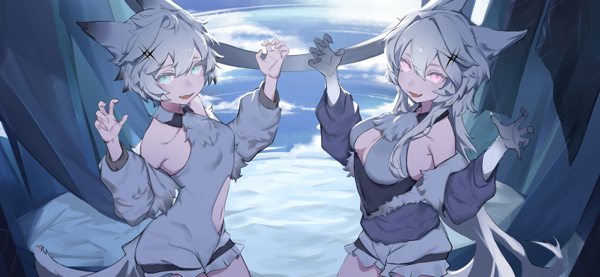 2girls alchemy_stars animal_ears bare_shoulders body_fur breasts cat_ears claw_pose cleavage cleavage_cutout clothing_cutout cloud collarbone colored_tips covered_navel detached_collar detached_sleeves dual_persona earth_(planet) fang fingernails green_eyes hair_intakes hands_up highres leotard long_hair looking_at_viewer medium_breasts multicolored_hair multiple_girls navel navel_cutout nerita_(neritarine) open_mouth philyshy_(alchemy_stars) philyshy_(sweet_dreams)_(alchemy_stars) pink_eyes planet sharp_fingernails short_hair skin_fang small_breasts tail white_hair white_leotard yumi_(alchemy_stars)
