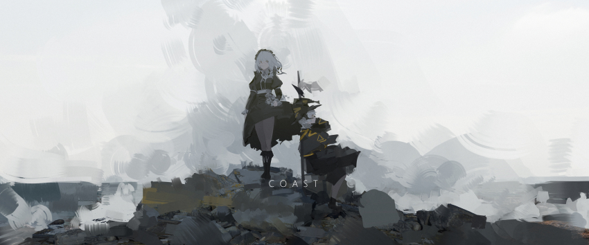 1girl alcxome banner black_boots black_dress black_hairband boots bouquet buttons circle_skirt cliff closed_mouth cloud cloudy_sky commentary dress english_commentary floating_clothes flower frilled_hairband frills full_body grey_pantyhose hairband highres holding holding_bouquet juliet_sleeves knee_boots long_sleeves looking_at_viewer medium_hair ocean original outdoors pantyhose puffy_sleeves scenery shore sky sleeve_garter smile solo standing torn_clothes torn_dress waving white_flower white_garter white_hair wind yellow_eyes