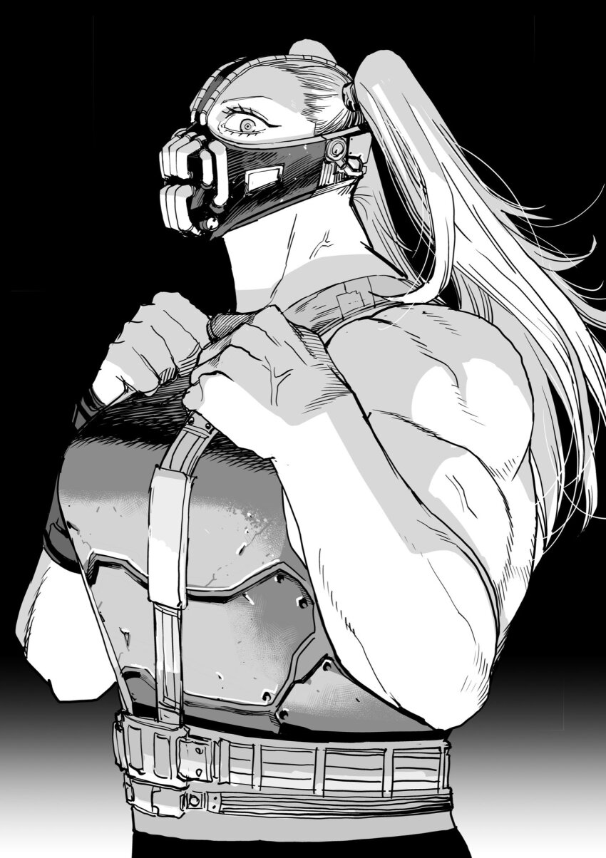 1girl armor bane batman_(series) breasts commentary_request dc_comics genderswap genderswap_(mtf) gradient_background greyscale highres large_breasts long_hair manabu_yashiro mask monochrome muscular muscular_female solo the_dark_knight_rises twintails upper_body veins vest