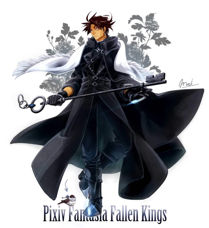 1boy ahoge bird black_coat black_footwear black_gloves black_pants brown_hair character_name coat copyright_name facial_mark forehead_mark full_body gloves highres holding holding_key key male_focus mei_(fallen_kings) pants pixiv_fantasia pixiv_fantasia_fallen_kings scarf short_hair solo standing white_scarf yel_(ffd9oo)