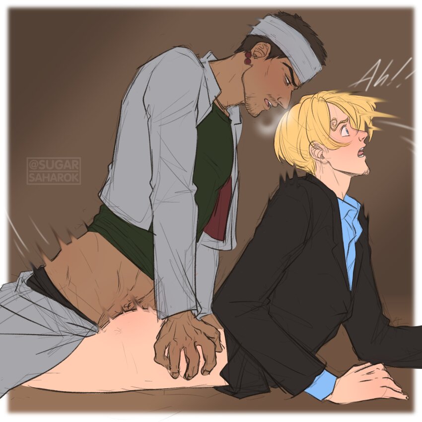 2boys absurdres anal blonde_hair blush clothed_sex curly_eyebrow formal_clothes gin_(one_piece) highres male_focus multiple_boys one_piece sanji_(one_piece) sex sugar_saharok suit surprised yaoi
