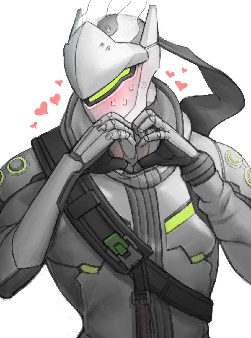 1boy absurdres arms_up black_straps blush chest_strap commentary cyborg embarrassed genji_(overwatch) grey_hoodie hashtag-only_commentary heart heart_hands highres hood hood_down hoodie long_sleeves looking_to_the_side male_focus overwatch overwatch_2 simple_background solo steam sweat sweatdrop tnd4015 upper_body white_background
