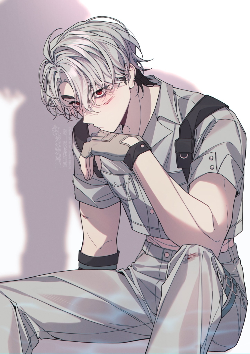 1boy black_hair blood blood_on_face eunho_(plave) fingerless_gloves gloves grey_gloves grey_hair grey_pants grey_shirt hair_between_eyes hand_on_own_chin highres injury k-pop looking_at_viewer lukapang pants parted_bangs plave red_eyes shadow shirt short_hair short_sleeves simple_background solo white_background