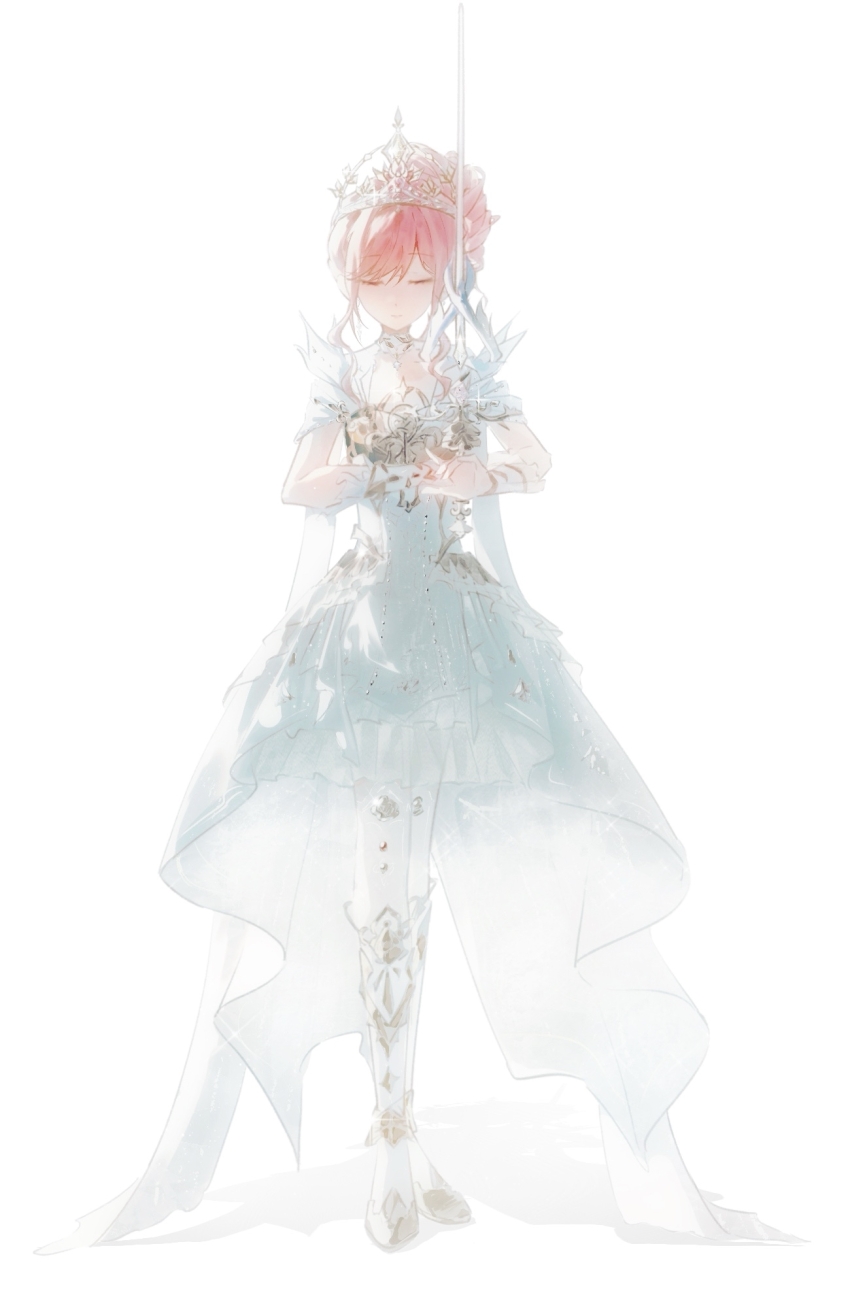 1girl aliu6624 armor armored_boots boots breastplate chinese_commentary closed_eyes closed_mouth coattails collar commentary_request detached_collar dress expressionless feather-trimmed_sleeves frilled_arm_warmers full_body hair_bun highres holding holding_sword holding_weapon infinity_nikki knee_boots medium_dress melody_bloom_(infinity_nikki) nikki_(nikki) nikki_(series) pantyhose pink_hair rapier shadow short_hair_with_long_locks short_sleeves sidelocks simple_background single_hair_bun solo standing sword tiara updo wavy_hair weapon white_arm_warmers white_background white_boots white_collar white_dress white_pantyhose