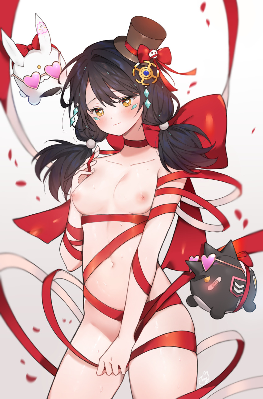 1girl areola_slip black_hair black_hat bow breasts choker closed_mouth convenient_censoring cowboy_shot drone elsword eve_(elsword) facial_mark hair_ornament hand_up hat heart heart-shaped_eyewear heart-shaped_pupils highres long_hair looking_at_viewer low_twintails medium_breasts moby_(elsword) naked_ribbon naughty_face navel nipples red_bow red_choker red_ribbon remy_(elsword) ribbon smile solo standing stomach sunglasses symbol-shaped_pupils timy top_hat twintails yellow_eyes