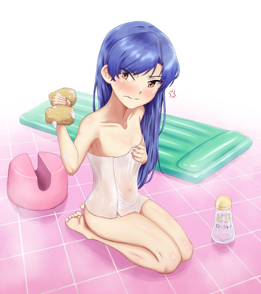 1girl absurdres anger_vein barefoot bathroom blue_hair blush brown_eyes closed_mouth collarbone covered_navel flat_chest full_body hand_up highres holding holding_sponge idolmaster idolmaster_(classic) indoors kisaragi_chihaya long_hair naked_towel nii_niip scowl seiza sitting solo sponge tile_floor tiles towel