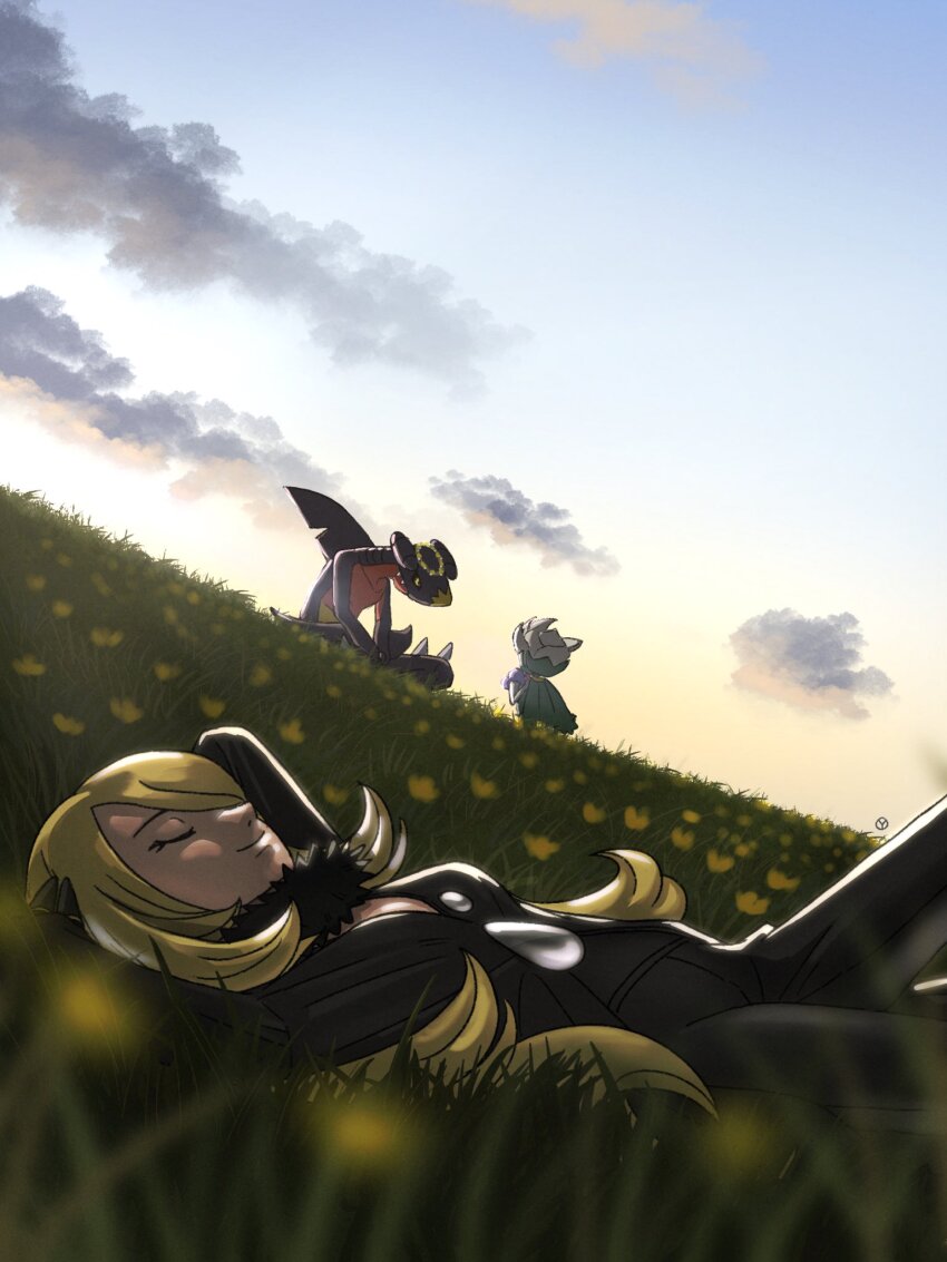 1girl arms_behind_head black_coat black_pants blonde_hair blurry blurry_foreground breasts closed_eyes closed_mouth cloud cloudy_sky coat commentary_request cynthia_(pokemon) feet_out_of_frame flower from_side fur_collar garchomp gen_4_pokemon grass hair_ornament hair_over_one_eye head_wreath highres hill knee_up long_hair long_sleeves lying nintendo on_back outdoors pants pokemon pokemon_(creature) pokemon_day pokemon_dppt roserade sky small_breasts smile yellow_flower yuto_sakurai