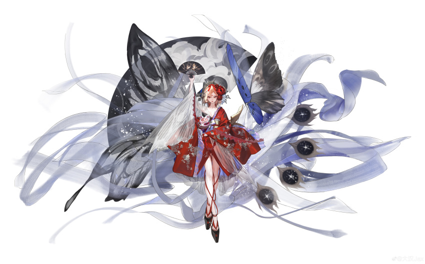 1girl absurdres alternate_costume animal_print blonde_hair bug butterfly butterfly_print chinese_commentary closed_mouth commentary_request dahan_jax facial_mark faux_figurine floral_print floral_print_kimono flower folding_fan forehead_mark fox_mask hair_flower hair_ornament hand_fan highres holding holding_fan incredibly_absurdres insect japanese_clothes kimono leg_ribbon long_hair looking_at_viewer mask nail_polish obi obijime okobo onmyoji platform_sandals print_kimono red_eyes red_flower red_kimono red_lips red_nails ribbon sandals sash shiranui_(onmyoji) simple_background solo straight-on toenail_polish toenails watermark weibo_watermark white_background wide_sleeves