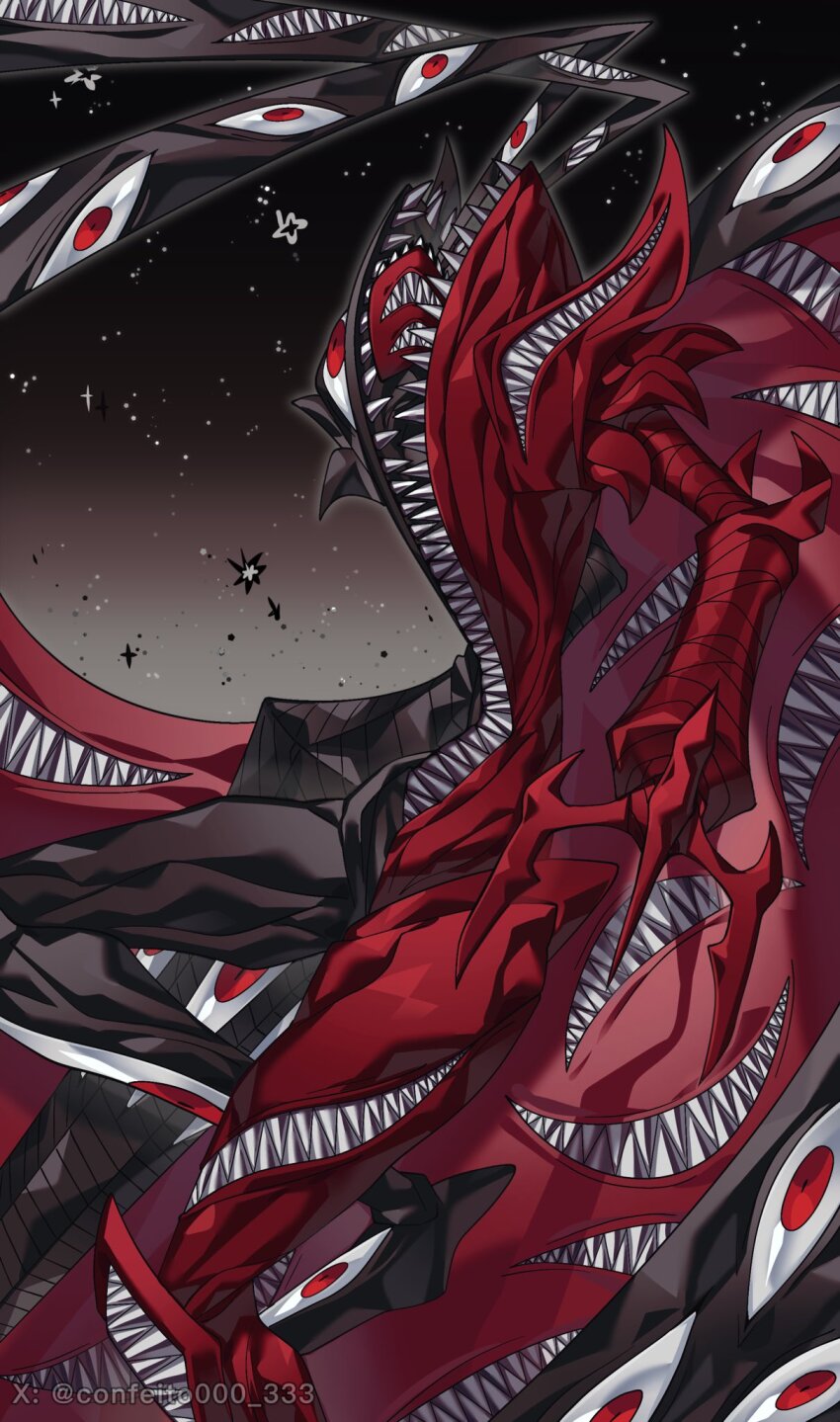 abbadomon abbadomon_core black_skin colored_skin confeito000_333 digimon digimon_(creature) eldritch_abomination extra_eyes extra_mouth gradient_background grey_background highres multicolored_skin red_eyes red_skin sharp_teeth simple_background teeth two-tone_skin