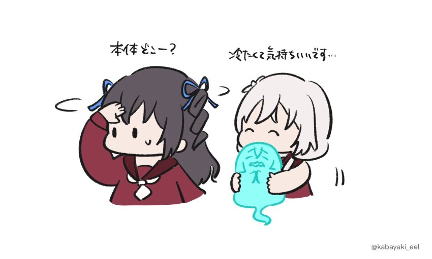 3girls =_= ^_^ arm_at_side arm_up assault_lily black_hair blue_ribbon brown_sailor_collar chibi closed_eyes cropped_torso drill_hair flower flying_sweatdrops ghost grey_hair hair_flower hair_ornament hair_ribbon hand_on_own_forehead hand_on_own_head hands_up highres holding holding_ghost kabayaki_(kabayaki_eel) kanba_girls_high_school_uniform long_hair long_sleeves looking_afar looking_ahead low_twintails motion_lines multiple_girls necktie no_mouth open_mouth red_shirt ribbon sailor_collar school_uniform serafuku shiozaki_suzume shirt short_necktie simple_background sleeveless sleeveless_shirt solid_oval_eyes sweatdrop toki_kureha translated twintails twitter_username two_side_up wavy_mouth white_background white_flower white_necktie yokota_haruna