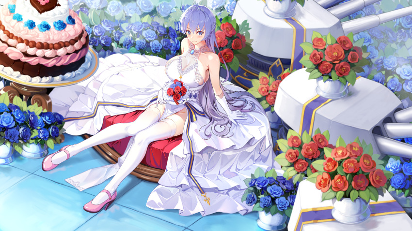 1girl azur_lane bare_shoulders blue_flower blue_gemstone blue_rose bouquet breasts bridal_veil bride cake cleavage dress e^(in)+1=0 flower food full_body gem gloves high_heels highres holding holding_bouquet huge_breasts lace lace-trimmed_dress lace_trim layered_dress long_dress looking_at_viewer official_alternate_costume pink_shoes purple_eyes purple_hair red_flower red_rose rodney_(azur_lane) rodney_(palace_of_blessings)_(azur_lane) rose ship_turret shoes solo thighhighs vase veil wedding_dress white_dress white_gloves white_thighhighs
