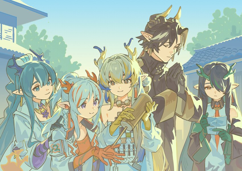 1boy 4girls absurdres architecture arknights black_hair blonde_hair blue_hair braid brown_hair building chongyue_(arknights) closed_eyes closed_mouth cloud colored_skin day dragon_boy dragon_girl dragon_horns dusk_(arknights) earrings east_asian_architecture favilia green_hair green_skin hair_between_eyes hair_over_one_eye highres holding horns jewelry ling_(arknights) long_hair multicolored_hair multiple_girls necklace nian_(arknights) off_shoulder outdoors own_hands_together pointy_ears red_skin shu_(arknights) side_braid sky streaked_hair very_long_hair wide_sleeves yellow_skin