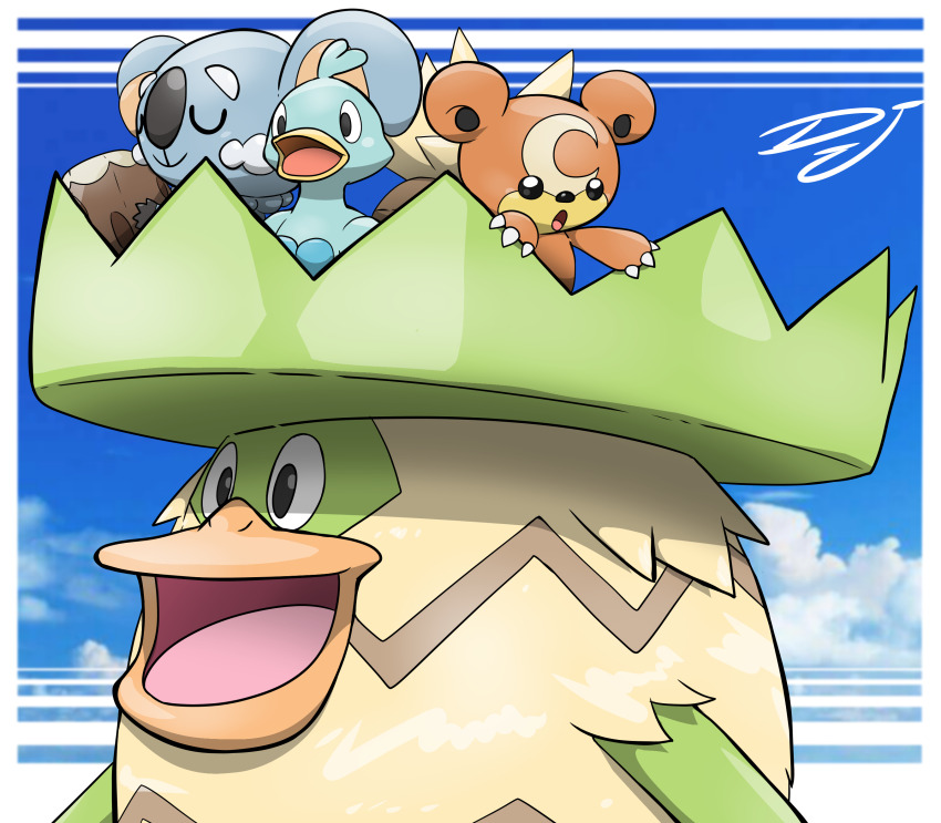 :d black_eyes border cloud commentary day ducklett game_freak gen_2_pokemon gen_3_pokemon gen_5_pokemon gen_7_pokemon highres inkbooba komala ludicolo nintendo no_humans open_mouth outdoors pokemon pokemon_(creature) riding riding_pokemon sky smile teddiursa tongue white_border