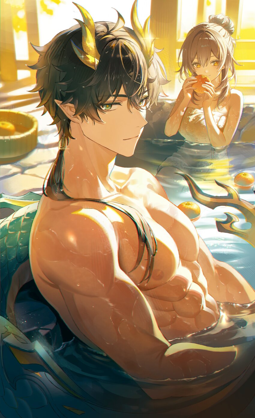 1boy 1girl abs absurdres alternate_hairstyle bare_arms bare_shoulders bathing biceps black_hair bucket collarbone commentary dan_heng_(honkai:_star_rail) dan_heng_(permansor_terrae)_(honkai:_star_rail) double-parted_bangs dragon_boy dragon_horns eastern_dragon_tail eyeliner flower food fruit green_eyes green_tail grey_hair hair_bun hair_flaps hair_tubes hair_up hands_up hashtag-only_commentary highres holding holding_food holding_fruit honkai:_star_rail honkai_(series) horns isobe47 large_pectorals light_smile long_hair low_ponytail makeup male_focus metal_hair_tubes mixed-sex_bathing naked_towel nipples nude onsen orange_eyes partially_submerged pectorals pointy_ears ponytail red_eyeliner shared_bathing sideways_glance single_hair_bun single_hair_tube sitting solo_focus stelle_(honkai:_star_rail) symbol-only_commentary toned toned_male towel trailblazer_(honkai:_star_rail) two-handed w_arms washbowl wet wooden_bucket yellow_horns yuzu_(fruit) yuzu_bath
