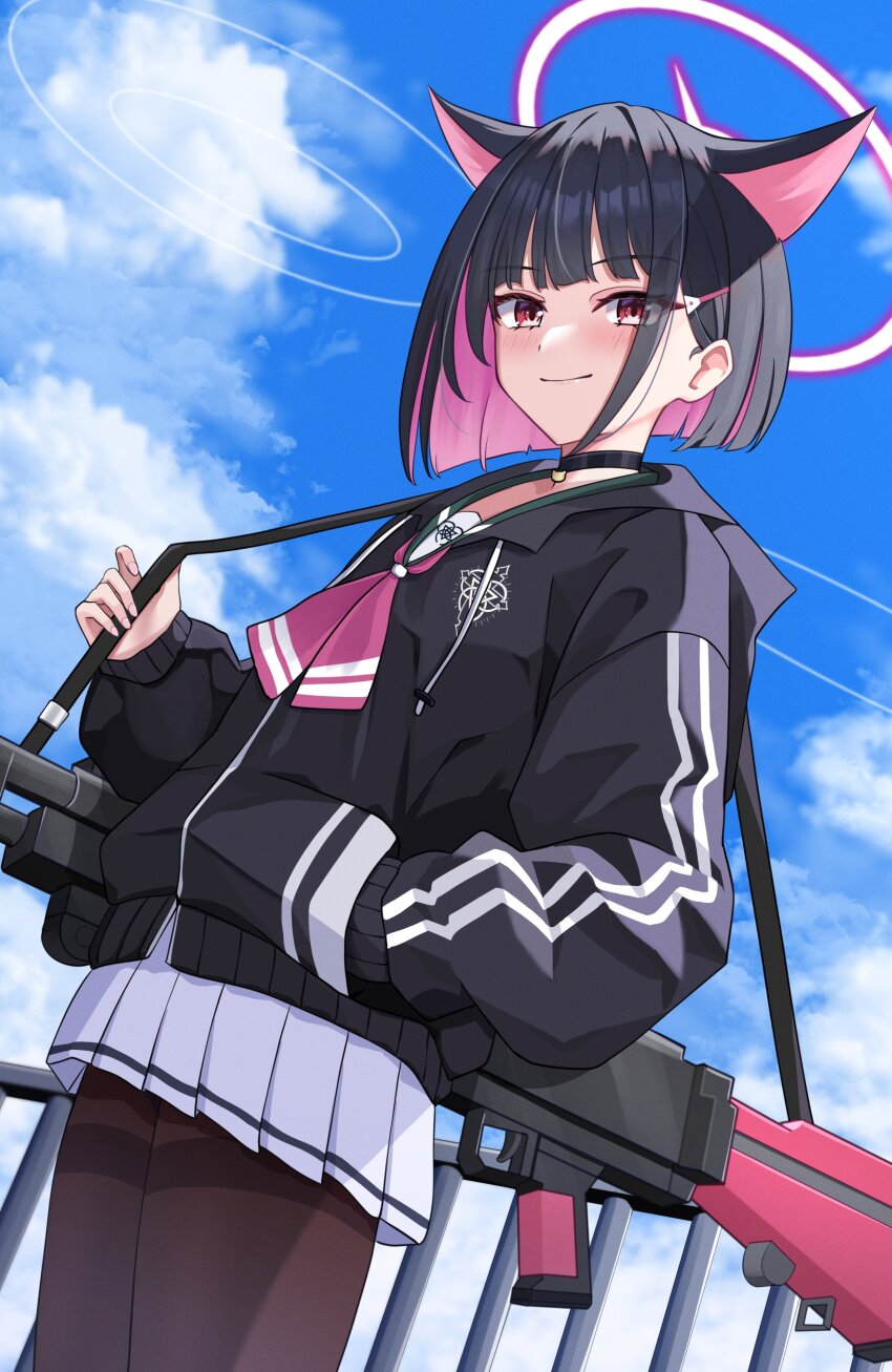 1girl absurdres animal_ears black_choker black_hair black_jacket black_pantyhose blue_archive blue_sky bren_lmg cat_ears cat_girl choker cloud colored_inner_hair commentary_request extra_ears from_below gun hair_ornament hairclip halo hand_in_pocket hibika highres holding_strap hood hood_down hooded_jacket jacket kazusa_(blue_archive) light_machine_gun looking_at_viewer machine_gun miniskirt multicolored_hair neckerchief outdoors pantyhose pink_eyes pink_hair pink_halo pink_neckerchief pleated_skirt railing short_hair skirt sky solo weapon white_skirt