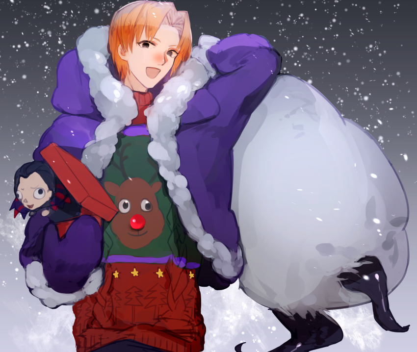1boy aonogura black_eyes box character_doll doll fate/zero fate_(series) fur-trimmed_jacket fur_trim gilles_de_rais_(caster)_(fate) gilles_de_rais_(fate) highres hood hooded_jacket jacket male_focus mittens orange_hair red_nose reindeer shoggoth snow snowing solo sweater tentacles torn_bag uryuu_ryuunosuke winter_clothes