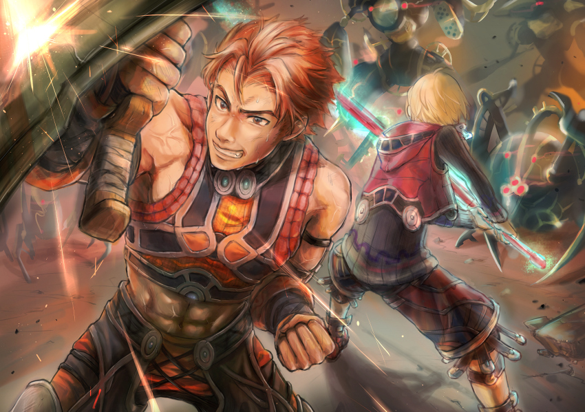 2boys abs action back-to-back blonde_hair brown_hair clash clenched_hand clenched_teeth fighting fuwamoko_momen_toufu grin male_focus mechon monado multiple_boys muscular nintendo reyn_(xenoblade) robot shield shulk_(xenoblade) smile teeth vest weapon xenoblade_chronicles_(series) xenoblade_chronicles_1 xenoblade_chronicles_(series)