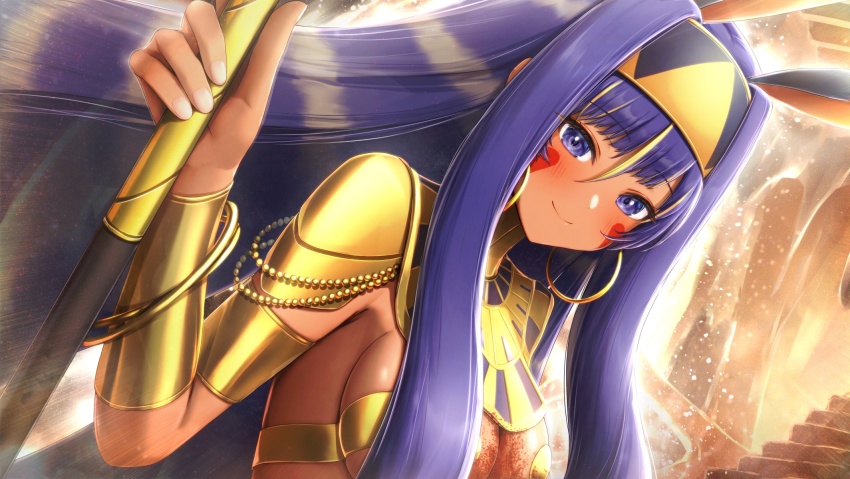 1girl animal_ears armor blonde_hair blush body_jewelry bracer breasts dark-skinned_female dark_skin earrings facepaint facial_mark fate/grand_order fate_(series) hairband highres hoop_earrings jackal_ears jewelry long_hair looking_at_viewer medium_breasts multicolored_hair navel nitocris_(fate) nitocris_(third_ascension)_(fate) particle_sfs pauldrons purple_eyes purple_hair shoulder_armor sidelocks smile solo staff two-tone_hair usekh_collar very_long_hair