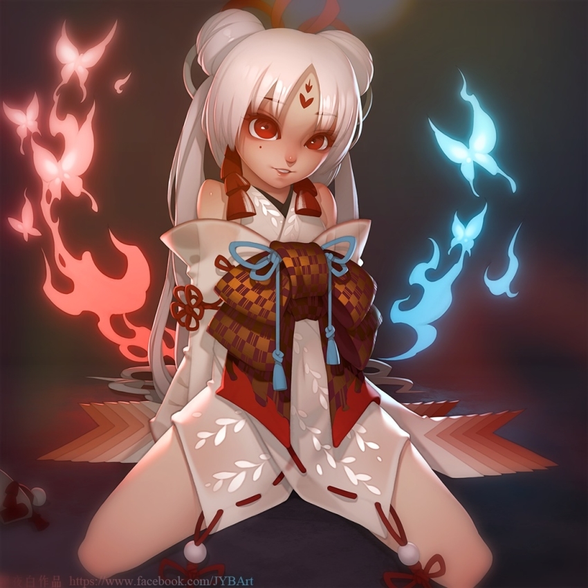 1girl arms_behind_back breasts bug butterfly commentary_request facial_mark female_focus fire hair_ornament insect japanese_clothes kimono kneeling long_hair looking_at_viewer makeup mole mole_under_eye onmyoji red_lips see-through_clothes shiranui_(onmyoji) smile solo white_hair zhaoyebai