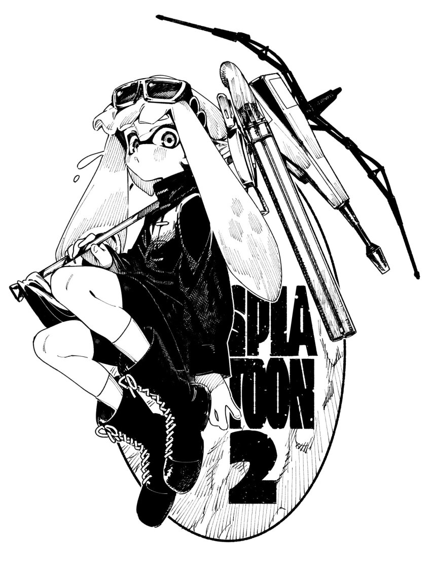 1girl boots chomoran closed_mouth commentary_request copyright_name eyewear_on_head full_body highres holding holding_weapon inkling inkling_girl inkling_player_character jacket jet_squelcher_(splatoon) lace-up_boots long_hair long_sleeves looking_at_viewer monochrome nintendo pointy_ears shorts socks solo splash_wall_(splatoon) splat_dualies_(splatoon) splatoon_(series) splatoon_2 sunglasses tentacle_hair twintails weapon