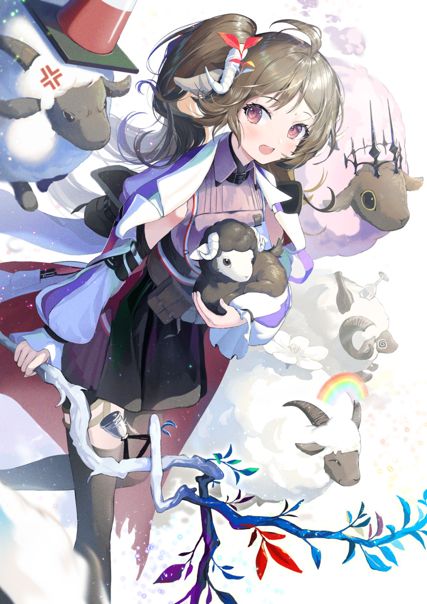 1girl :d ahoge anger_vein arknights asymmetrical_legwear black_pantyhose black_skirt black_thighhighs bottle brown_hair coat coat_on_shoulders commentary_request cup detached_sleeves dolly_(arknights) eyjafjalla_(arknights) eyjafjalla_the_hvit_aska_(arknights) feet_out_of_frame highres holding holding_sheep holding_staff horns id_card lamb long_hair looking_at_viewer mismatched_legwear open_mouth pantyhose pi_(p77777778) pouch purple_eyes purple_shirt rainbow sheep sheep_girl sheep_horns shirt side_ponytail single_leg_pantyhose single_thighhigh skirt smile staff thighhighs white_coat