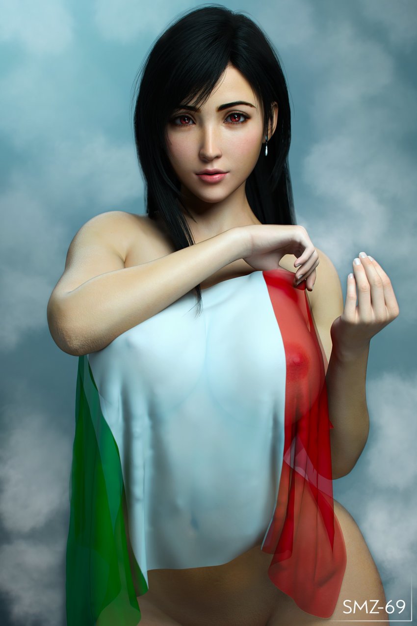 1girl 3d absurdres arms_up artist_name black_hair breasts closed_mouth curvy earrings eyelashes female_focus final_fantasy final_fantasy_vii final_fantasy_vii_remake highres italian_flag italian_senate_porn_livestream_(meme) italian_senate_porn_livestream_(meme) jewelry large_breasts looking_at_viewer meme navel nipples red_eyes see-through_clothes smz-69 solo square_enix stomach thighs tifa_lockhart