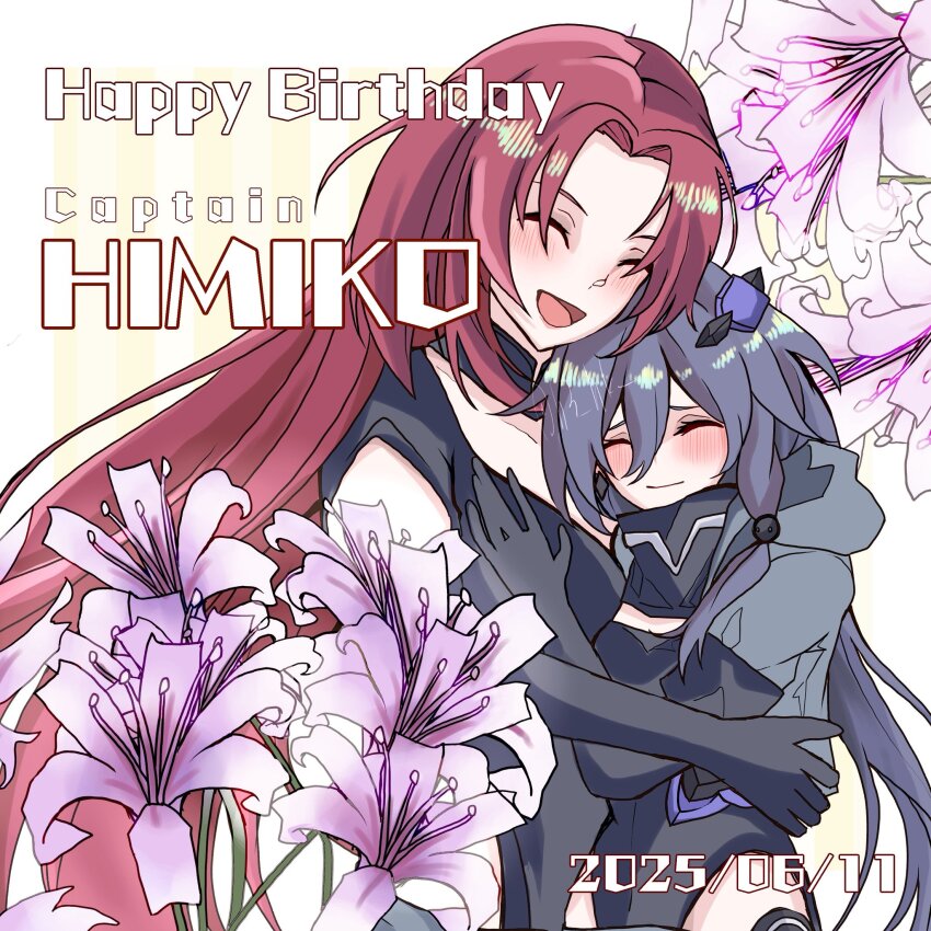 2girls black_dress black_gloves black_jacket black_leotard blush closed_eyes commentary_request dated dress elbow_gloves flower fu_hua fu_hua_(shadow_knight) gloves grey_hair h3_hk happy_birthday highres honkai_(series) honkai_impact_3rd hug jacket leotard long_hair multiple_girls murata_himeko open_mouth ponytail red_hair smile