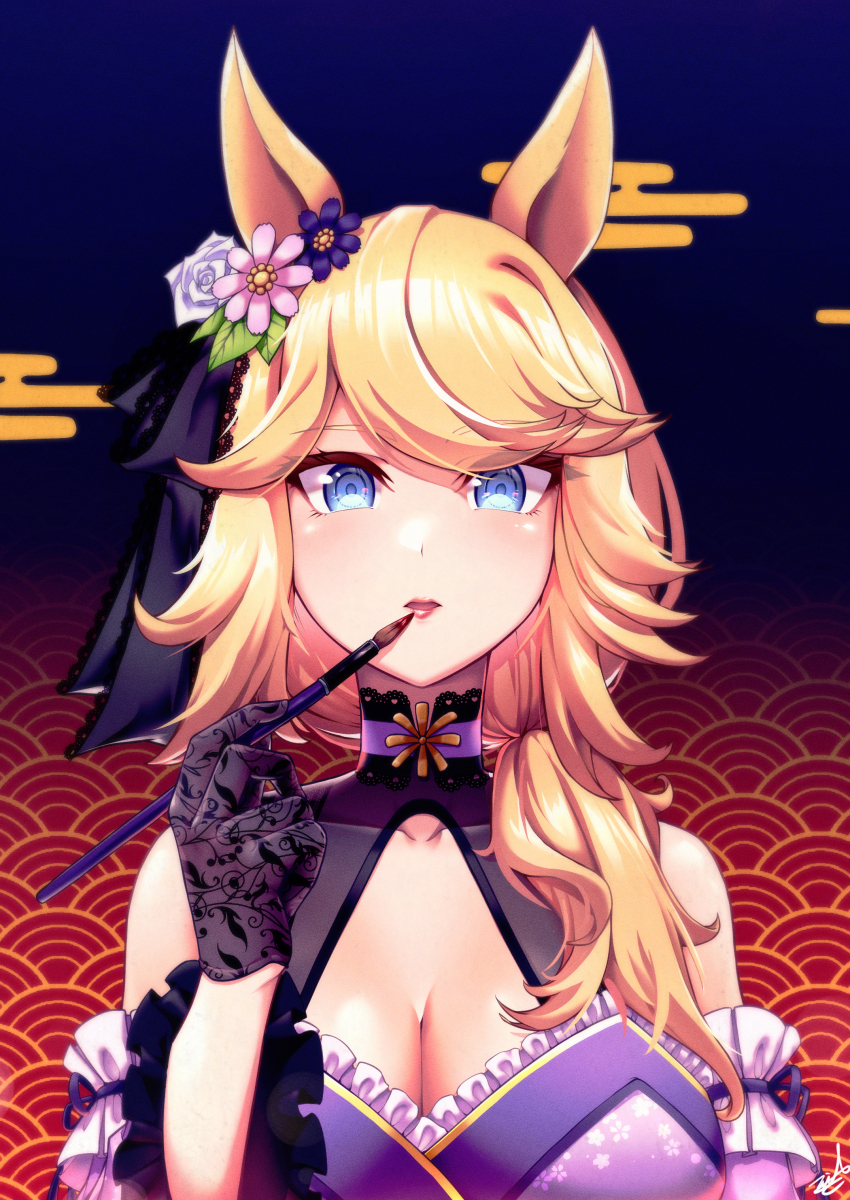 1girl absurdres animal_ears bare_shoulders black_gloves blonde_hair blue_eyes blush breasts chanakim cleavage cleavage_cutout clothing_cutout commentary detached_sleeves dress ear_ornament gloves gold_city_(akizakura_danzatrice)_(umamusume) gold_city_(umamusume) highres holding holding_paintbrush horse_ears horse_girl long_hair looking_at_viewer medium_breasts official_alternate_costume paintbrush purple_dress solo umamusume