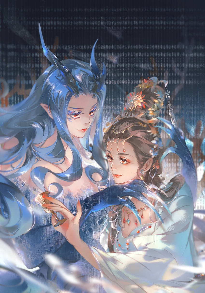 2girls absurdres ao_run_(nezha_zhi_motong_jiangshi) black_hair blue_dress blue_hair breasts chinese_clothes dragon_girl dragon_horns dress hetong_(nezha_zhi_motong_jiangshi) highres horns medium_breasts multiple_girls nezha_zhi_motong_jiangshi red_eyes sangshen74 yuri