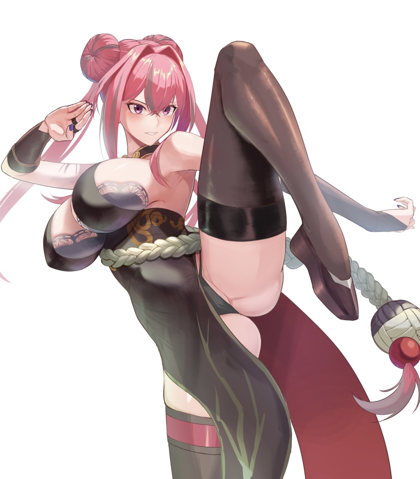 1girl absurdres ass azur_lane black_bridal_gauntlets black_dress black_footwear black_panties black_thighhighs blush bracer breasts bremerton_(azur_lane) bremerton_(kung_fu_cruiser)_(azur_lane) bridal_gauntlets brown_hair commentary double_bun dress fingernails hair_bun highres jewelry knee_up large_breasts leg_up lom_(lom_lom_8) long_hair multicolored_hair nail_polish official_alternate_costume official_alternate_hairstyle panties pink_eyes pink_hair purple_nails ring sideboob simple_background single_bracer single_bridal_gauntlet solo streaked_hair thighhighs thighs two-tone_hair underwear white_background