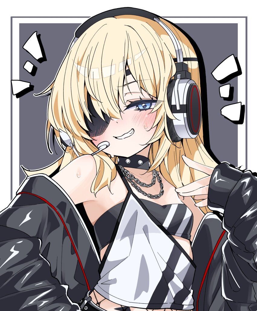 1girl absurdres bandeau black_bandeau black_choker black_jacket blonde_hair blue_eyes blush border chain chain_necklace choker eyepatch fishnets goddess_of_victory:_nikke grey_background grin guillotine_(nikke) hand_on_own_hip hand_up headset highres jacket jacket_partially_removed jewelry long_hair looking_at_viewer necklace shirt smile solo standing tu_pa_pa_pa upper_body white_border white_shirt