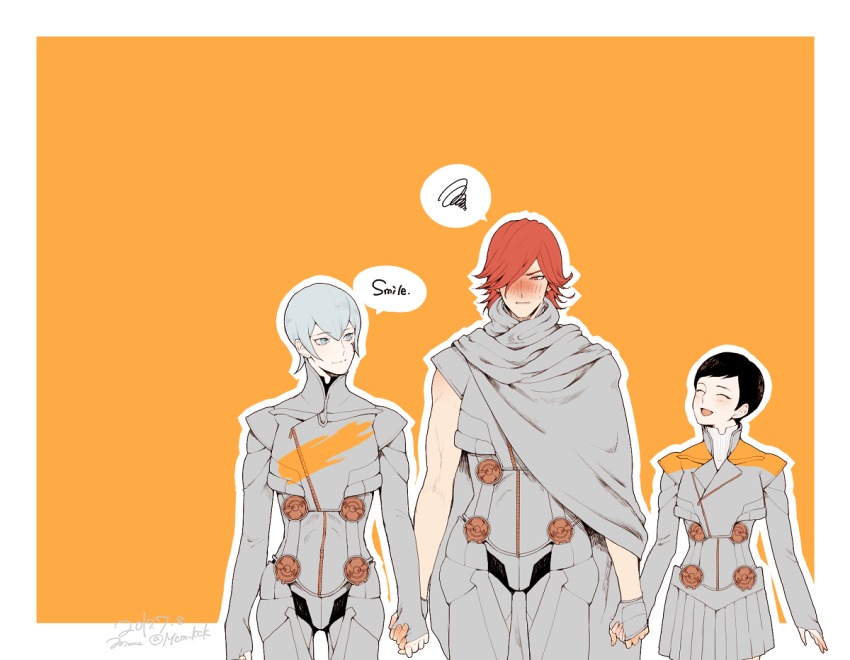 1girl 2boys black_hair blush digital_devil_saga grey_eyes grey_hair hair_over_one_eye holding_hands heat_(dds) multiple_boys red_eyes red_hair sera serph shin_megami_tensei