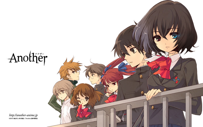 10s 3girls 4boys akazawa_izumi another blazer gakuran glasses heterochromia highres ito_noizi jacket kazami_tomohiko misaki_mei mochizuki_yuuya multiple_boys multiple_girls no_eyepatch official_art official_wallpaper one_eye_closed railing sakakibara_kouichi sakuragi_yukari school_uniform teshigawara_naoya wink